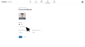 A community manager's profile with the cursor clicking Ambassador to change it from Admin.